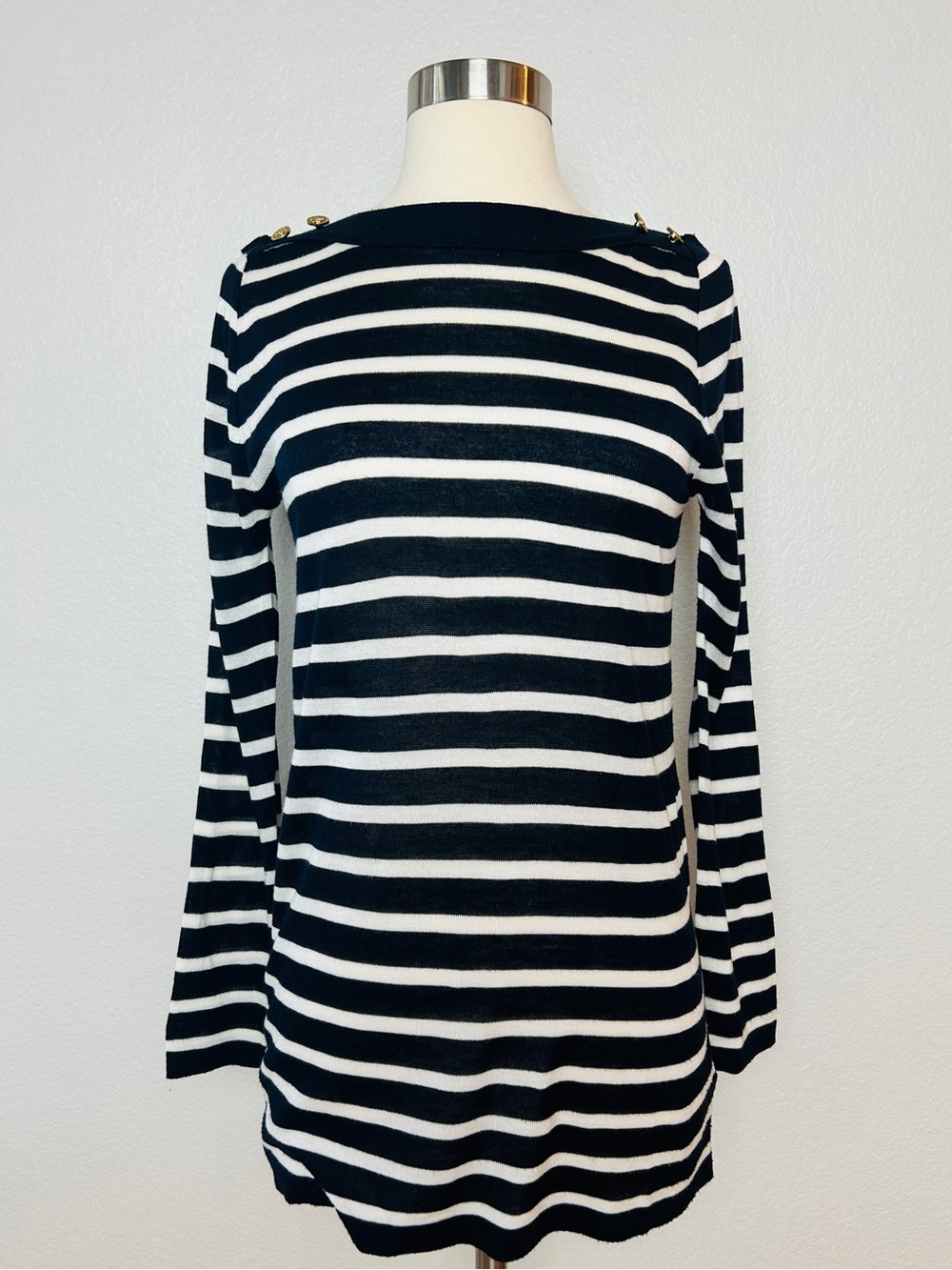 So Nice Lightweight Sweater Women's S Black White Striped Boat Neck Gold Button